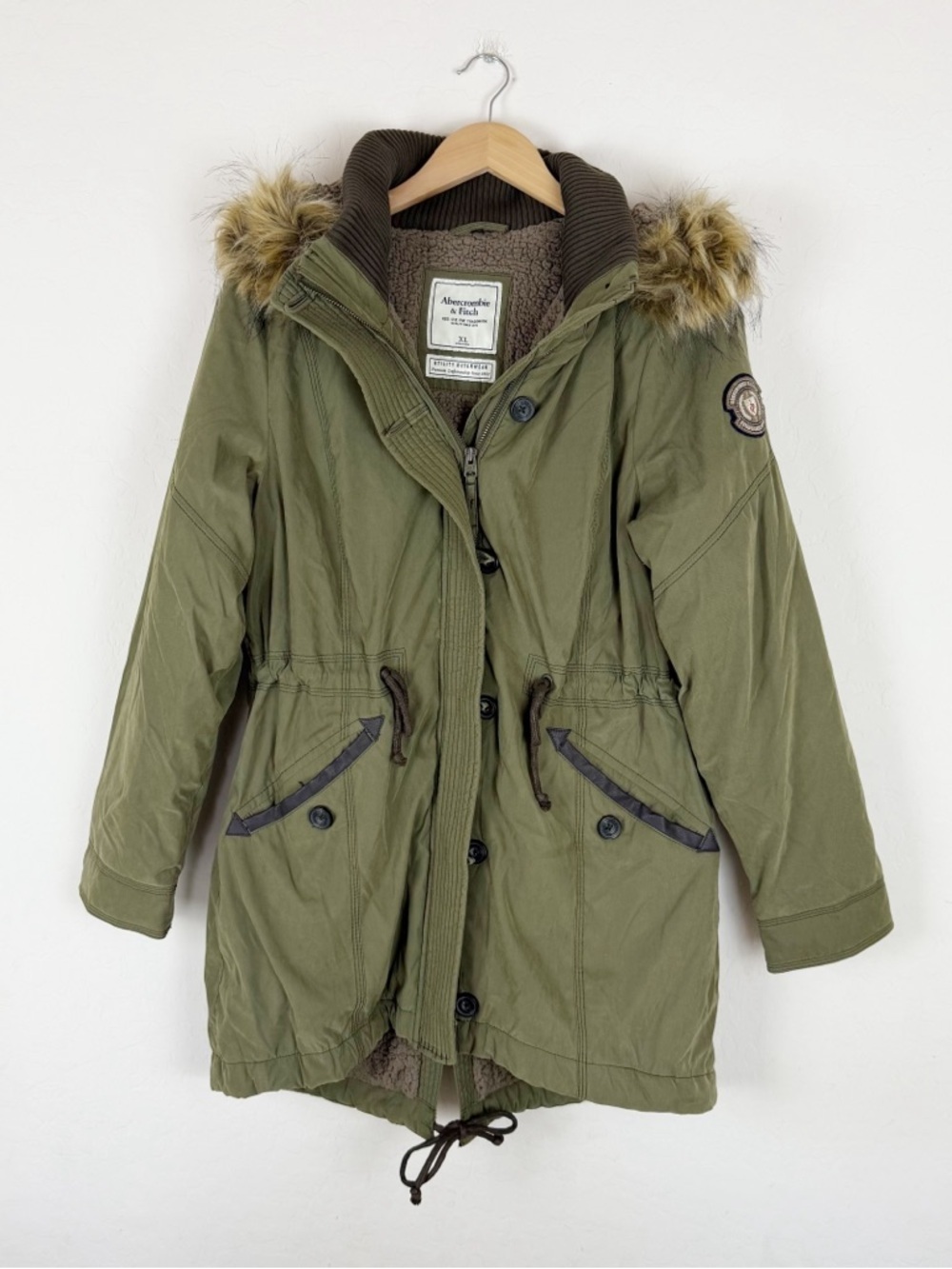 Y2K Abercrombie & Fitch Jacket Green Brown Sherpa Lined Utility Parka Fur Hooded